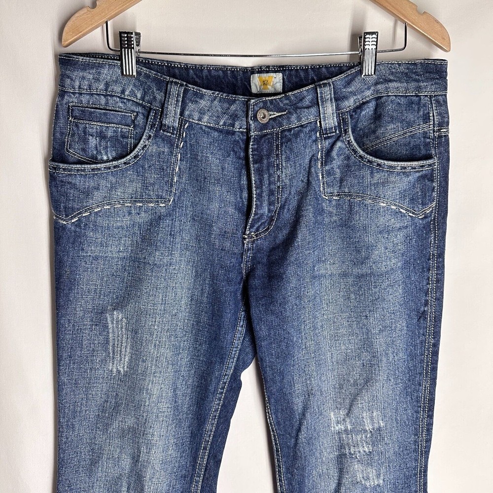Antik Womens Denim Y2K Mid-Rise Blue Distress Patchwork Cow Girl Jeans Size 32 - Picture 3 of 10